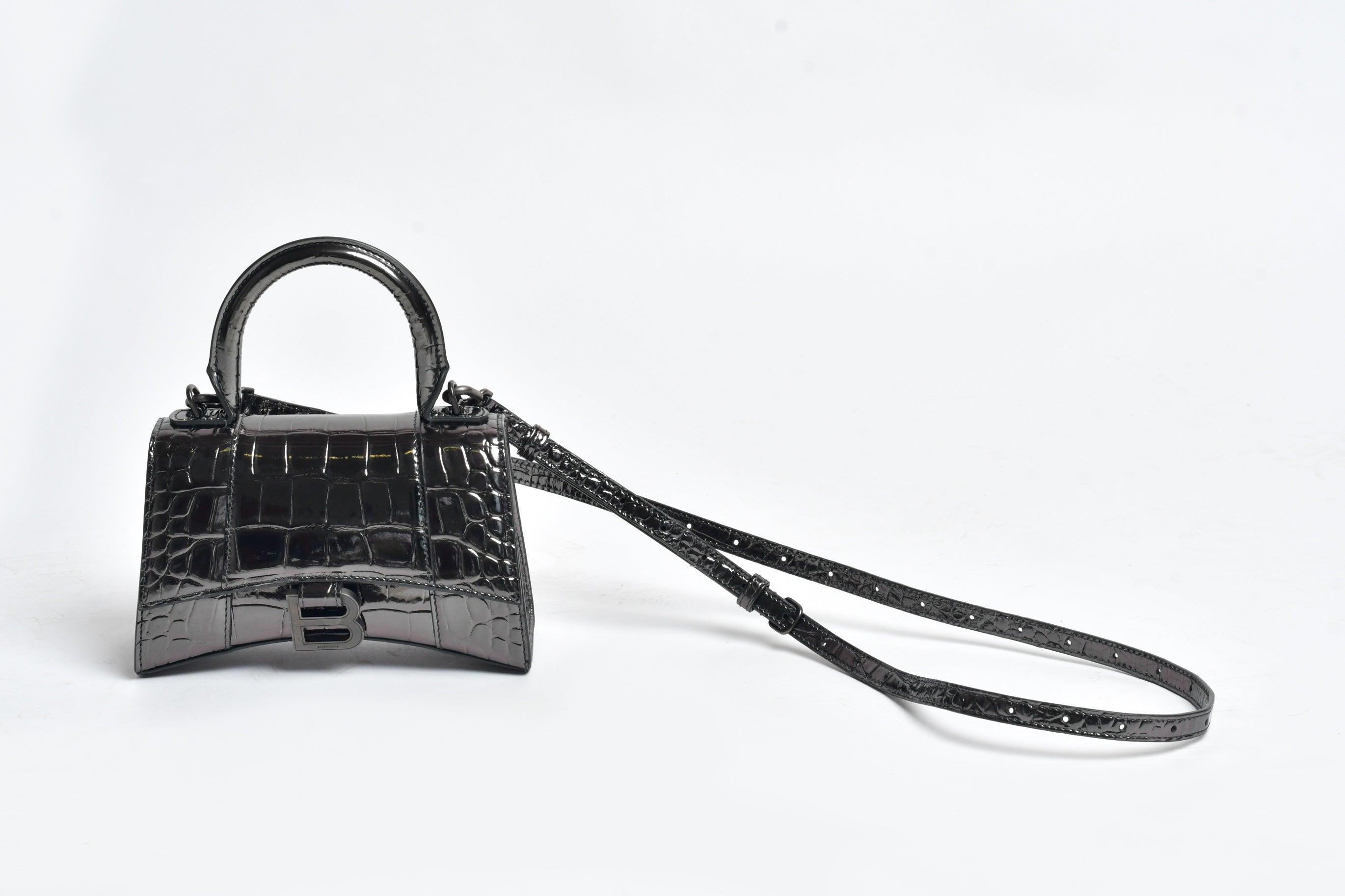 BALENCIAGA: Hourglass XS bag in crocodile print laminated leather