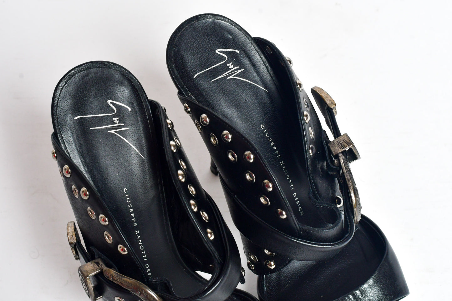 Giuseppe Zanotti Black Leather Studded Buckle Mule Sandals
