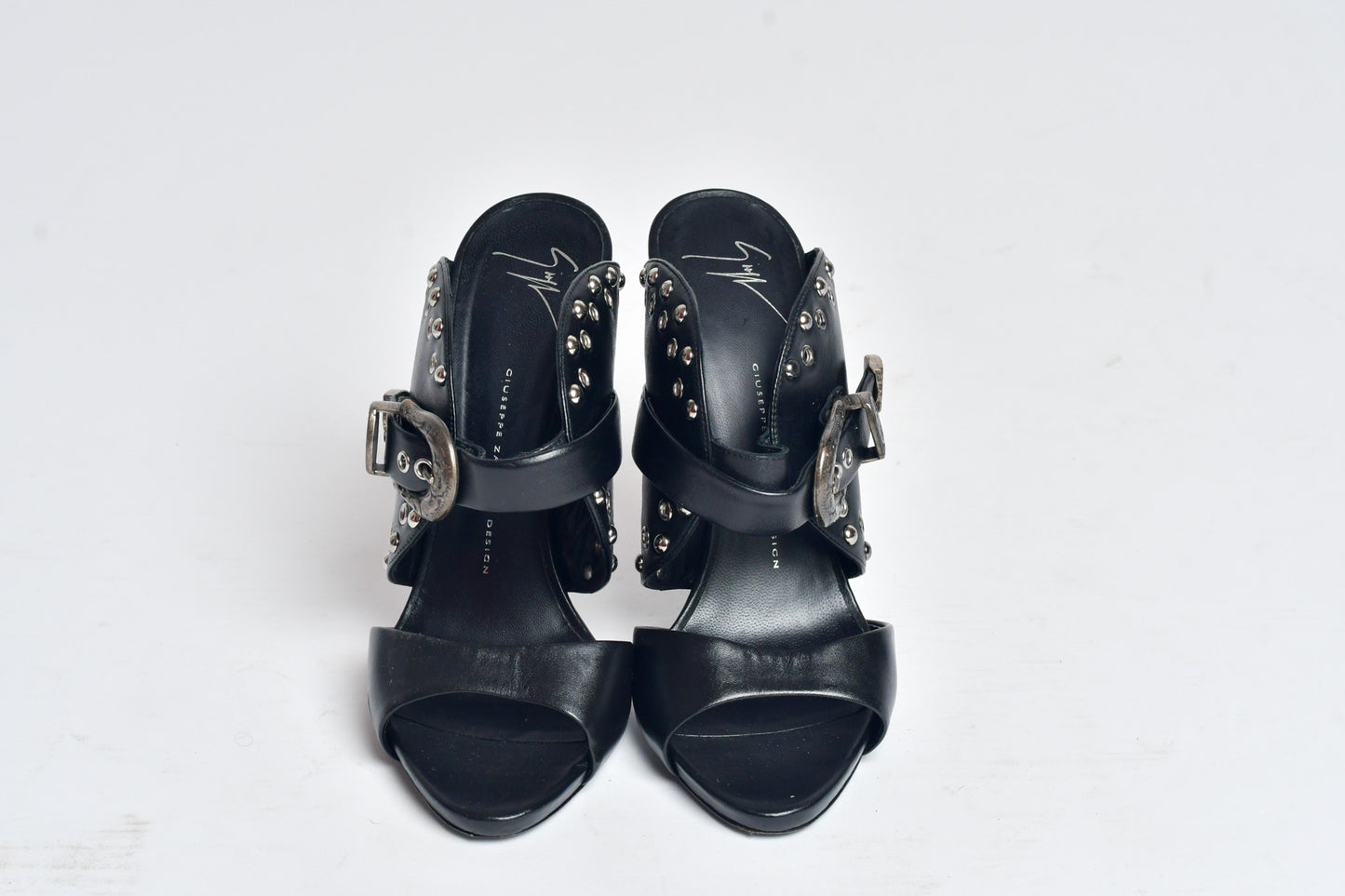 Giuseppe Zanotti Black Leather Studded Buckle Mule Sandals